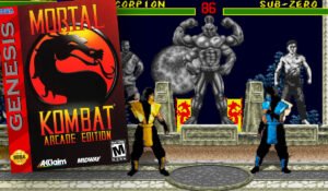 Capa e gameplay do hack Mortal Kombat Arcade Edition para Mega Drive, mostrando Scorpion vs Sub-Zero.