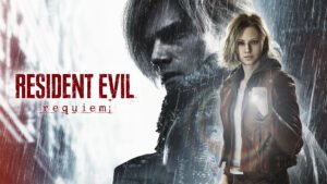 Arte promocional de Resident Evil Requiem com Leon S. Kennedy e Sherry Birkin sob a chuva.
