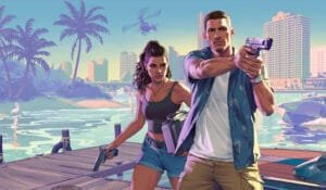 Arte oficial de GTA VI apresentando Lucia e Jason em uma marina de Vice City.