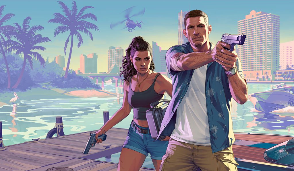 Arte oficial de GTA VI apresentando Lucia e Jason em uma marina de Vice City.
