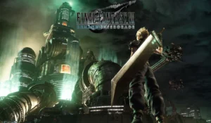 Cloud Strife observando o Reator de Mako em Midgar, arte oficial de Final Fantasy VII Remake Intergrade para Xbox e Switch 2.