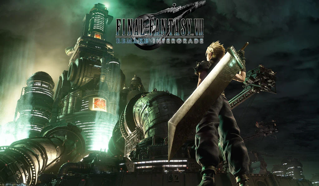 Cloud Strife observando o Reator de Mako em Midgar, arte oficial de Final Fantasy VII Remake Intergrade para Xbox e Switch 2.