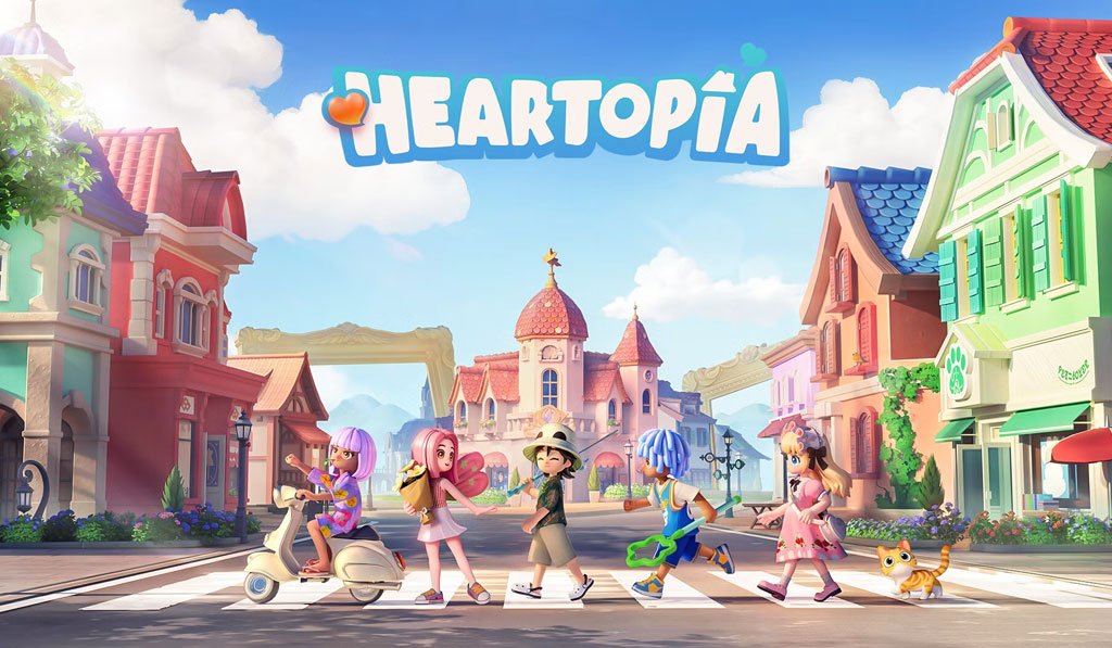 Arte promocional de Heartopia mostrando personagens caminhando por uma cidade colorida e ensolarada.