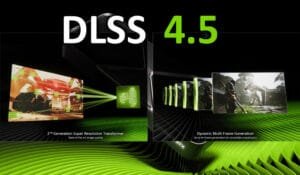 Infográfico técnico da NVIDIA explicando as funções de Super Resolution e Multi Frame Generation do DLSS 4.5.