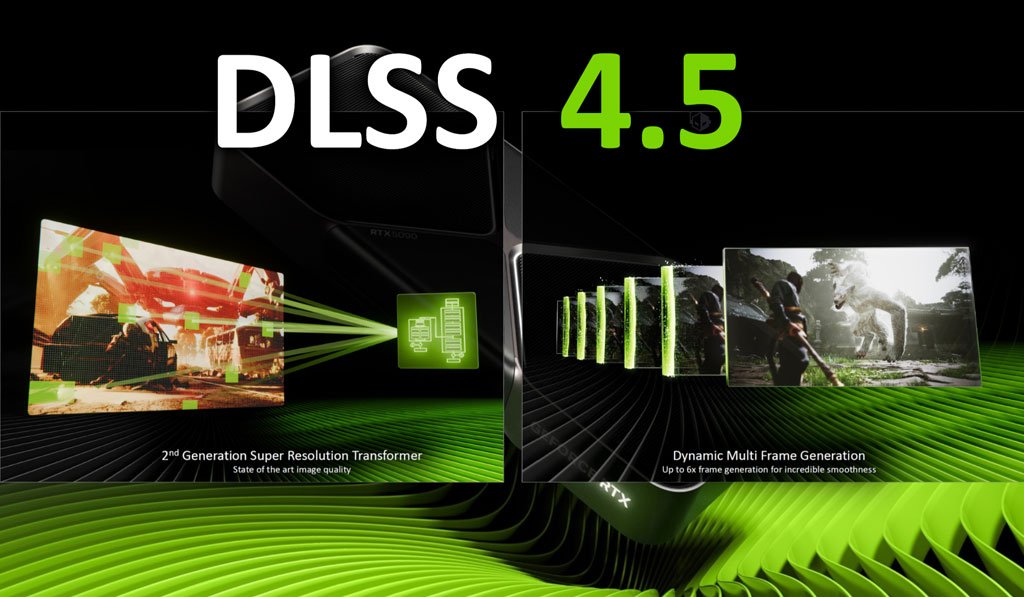Infográfico técnico da NVIDIA explicando as funções de Super Resolution e Multi Frame Generation do DLSS 4.5.