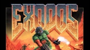 Arte inspirada na capa de DOOM com o título "EXODOS" em destaque.