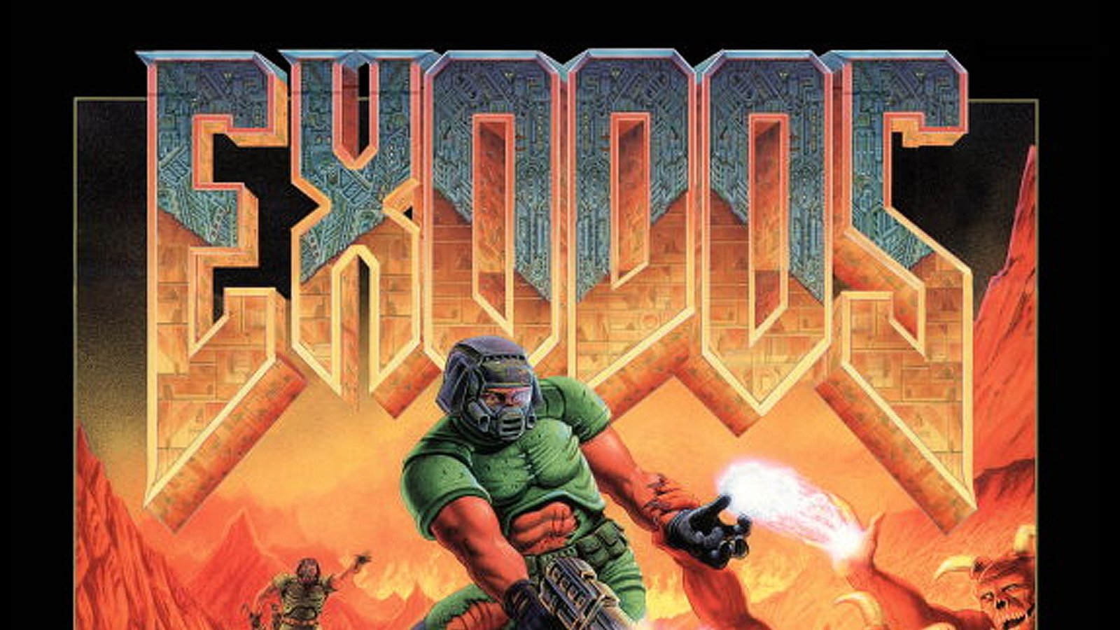 Arte inspirada na capa de DOOM com o título "EXODOS" em destaque.