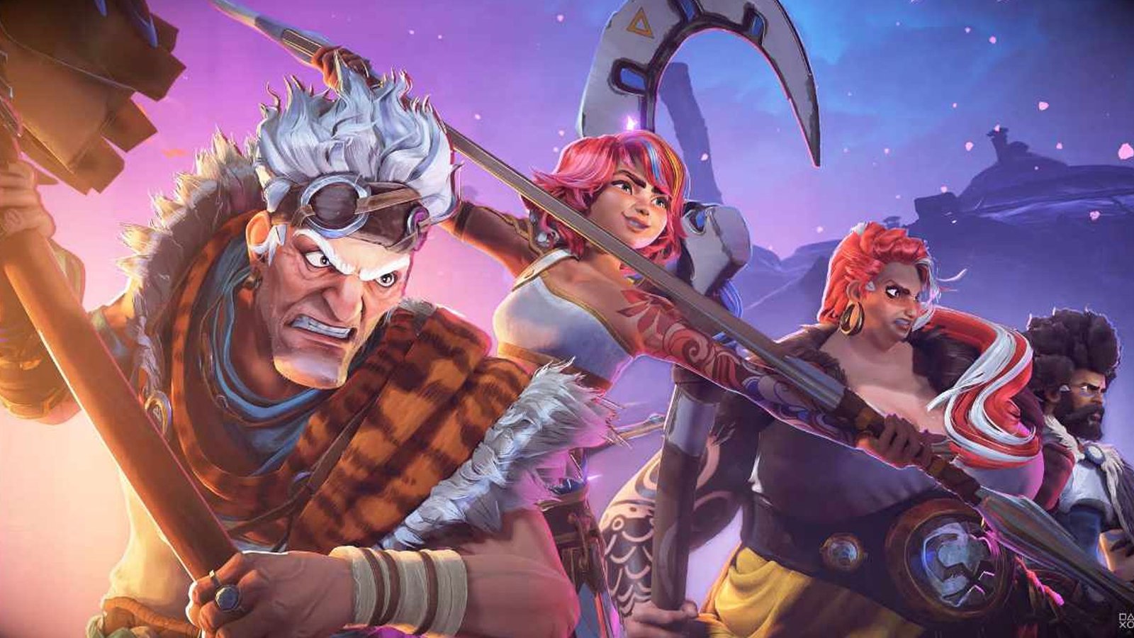 Arte promocional do jogo Horizon Hunters Gathering mostrando quatro caçadores com visual estilizado e armas tribais tecnológicas. Ao fundo, uma paisagem montanhosa sob um céu em tons de roxo e rosa.