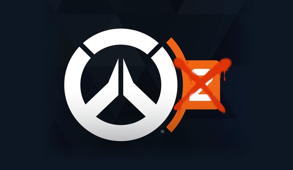 Logo oficial de Overwatch com um X vermelho pintado em cima do número 2, simbolizando o fim do título Overwatch 2 e o rebranding para o jogo original.