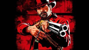 Ilustração em tons de vermelho e preto de Arthur Morgan, protagonista de Red Dead Redemption 2, segurando uma carabina e encarando a câmera com olhar sério. Ao fundo, um padrão de estrelas estilizadas.