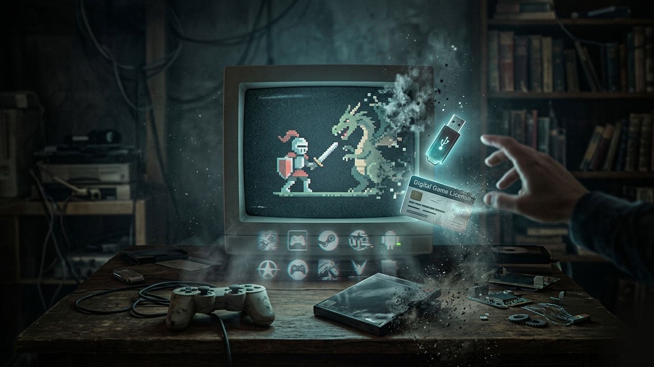 Monitor antigo mostrando jogo digital se dissolvendo em poeira e uma licença expirando. Conceito de abandonware e fim da propriedade digital.