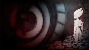 Ilustração sombria do jogo Before I Go mostrando o protagonista em um cenário melancólico com tons de cinza e azul, destacando o estilo visual artístico do Metroidvania.